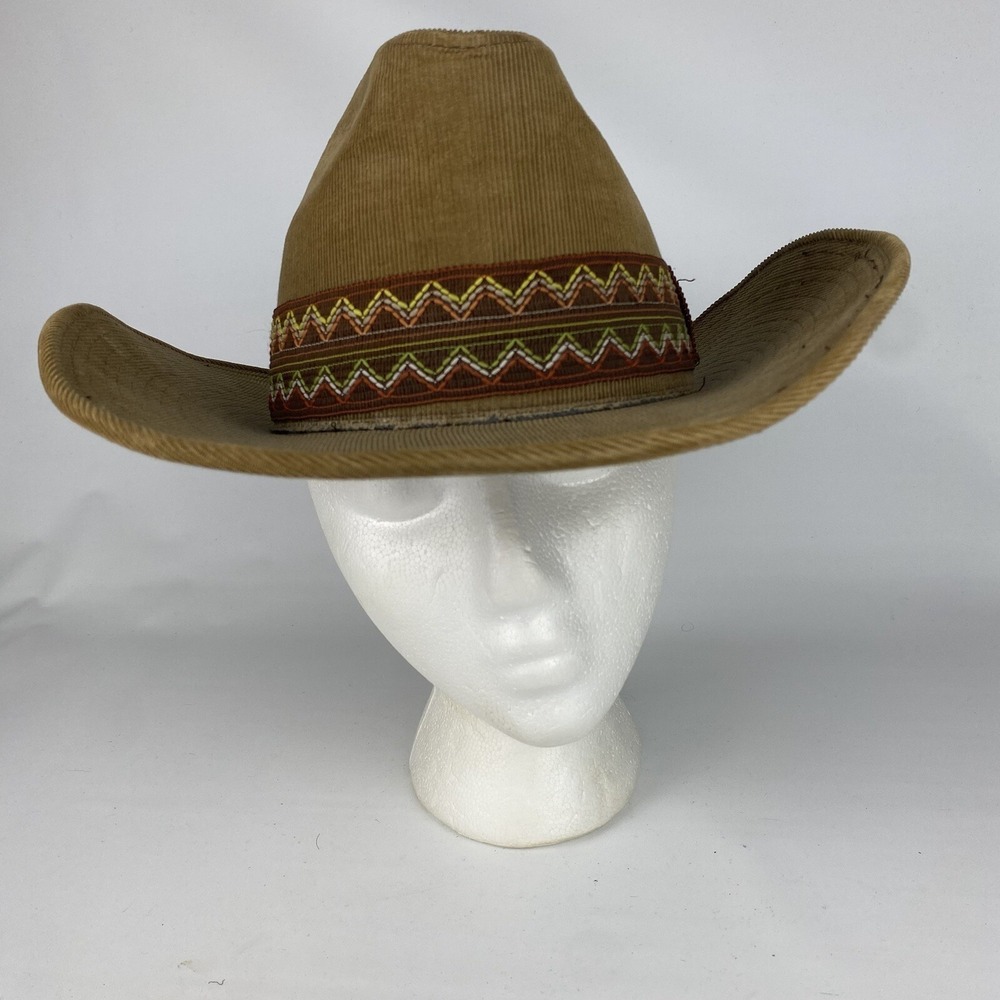 YA Men's Corduroy Cowboy‎ Hat Tan Size L (7 - 7 1 /8) M VTG Korea Western Aztec